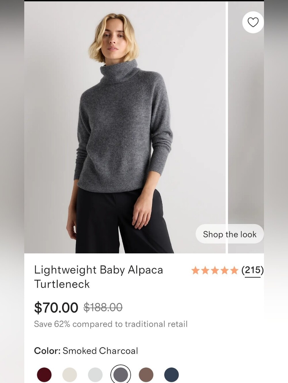 Quince Lightweight Baby Alpaca Smoked Charcoal Turtleneck Sweater